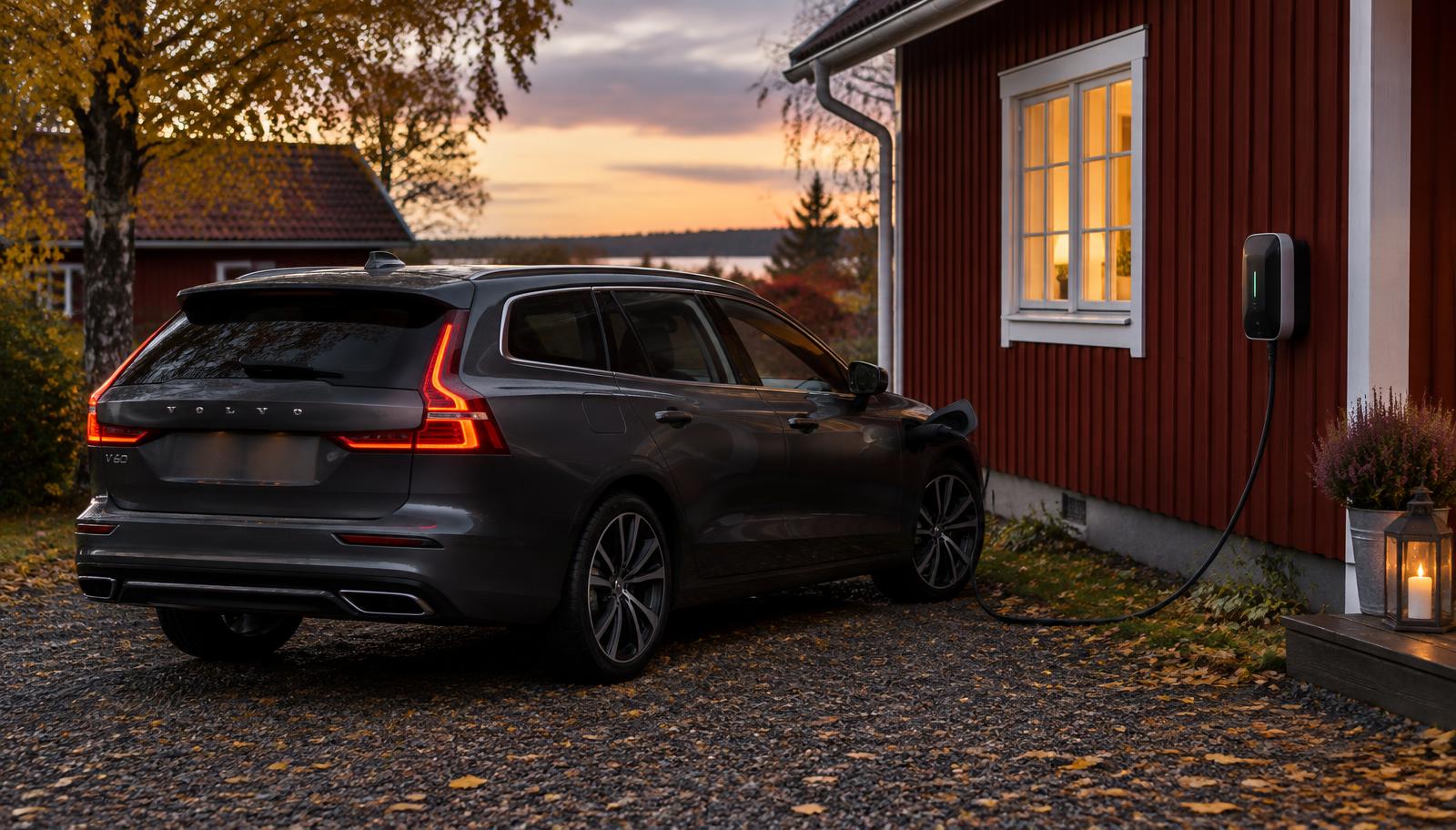 Volvo V60 laddhybrid laddar via laddbox vid ett rött trähus
